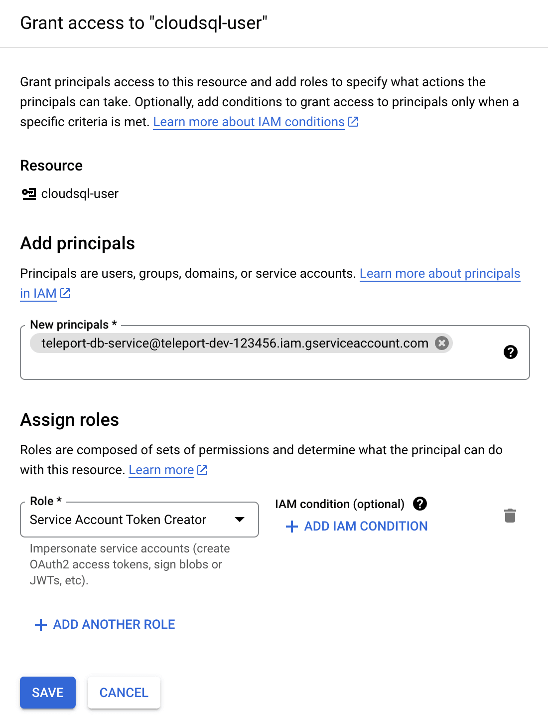 Grant Service Account Token Creator to Database Service